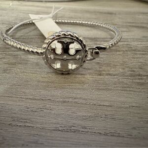 NWT Tory Burch Women's Rope Logo Hinged Cuff Silver Bracelet